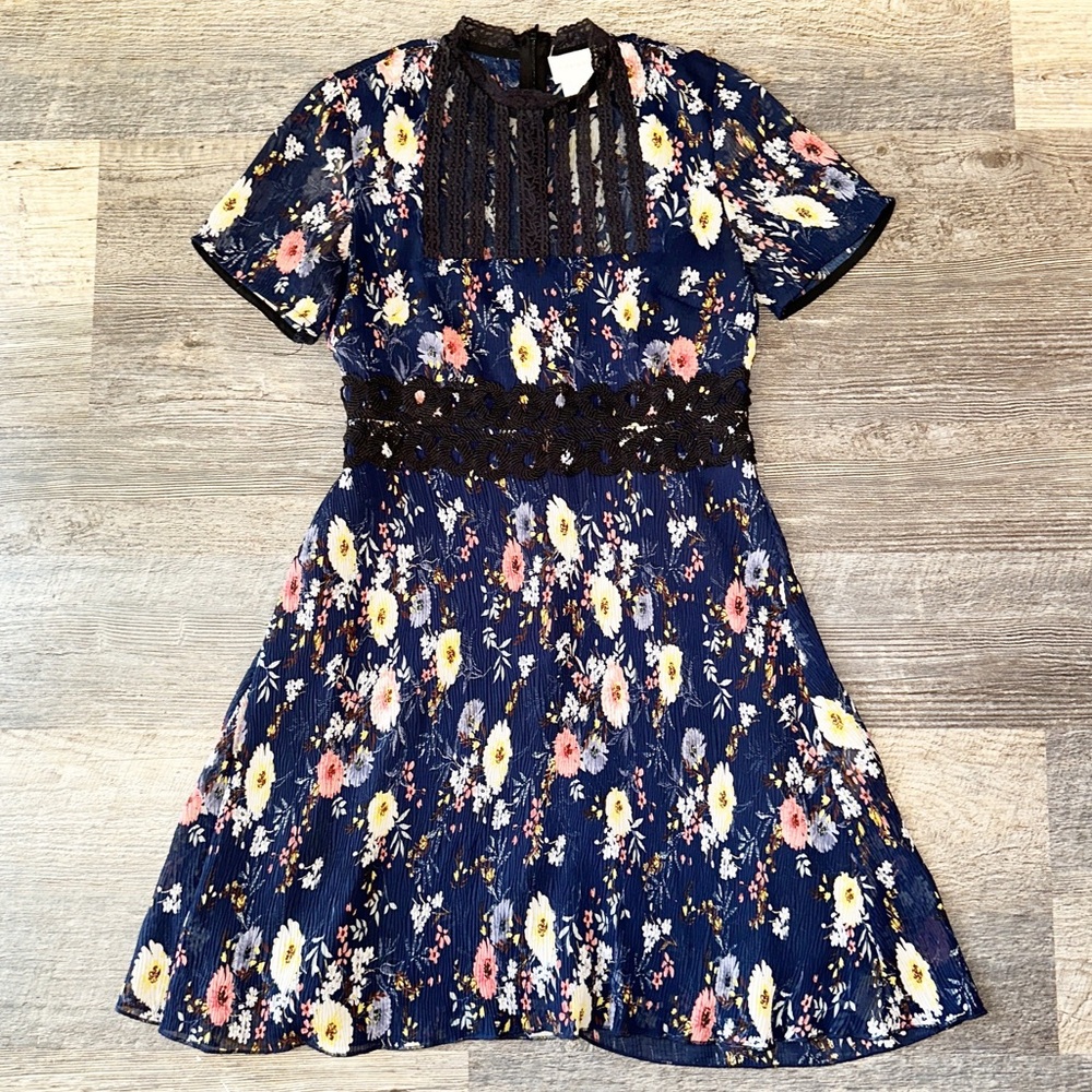 FOXIEDOX navy blue and black pleated short sleeve Andora mini dress XS PETITE